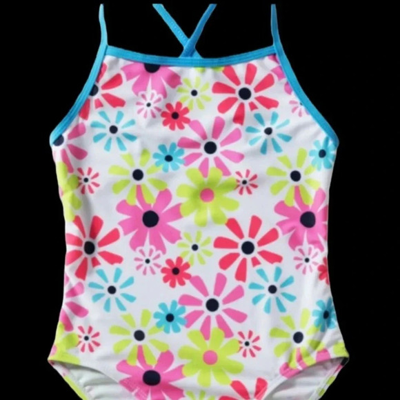 NEW GIRLS BATHING SUIT CROSS BACK SWIMSUIT SUMMER PINK BLUE WHITE FORAL SZ 4 5 6 - Picture 2 of 4